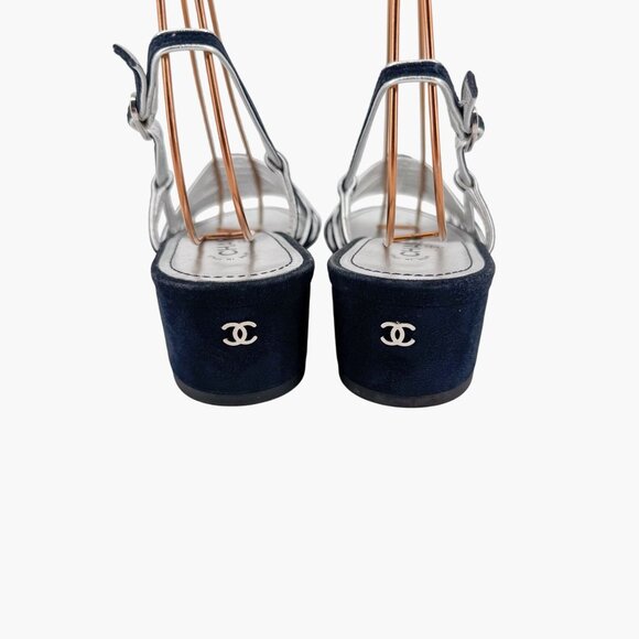 Chanel CC Strappy Slingback Sandals Block Heel Navy Blue Silver Size 37 US 6-6.5 - Picture 6 of 15